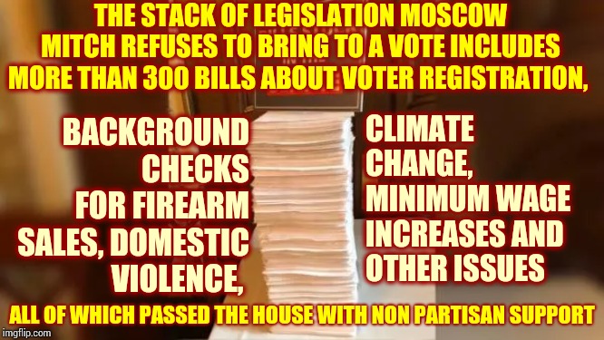 When In Rome | THE STACK OF LEGISLATION MOSCOW MITCH REFUSES TO BRING TO A VOTE INCLUDES MORE THAN 300 BILLS ABOUT VOTER REGISTRATION, BACKGROUND CHECKS FOR FIREARM SALES, DOMESTIC VIOLENCE, CLIMATE CHANGE, MINIMUM WAGE INCREASES AND OTHER ISSUES; ALL OF WHICH PASSED THE HOUSE WITH NON PARTISAN SUPPORT | image tagged in memes,trump unfit unqualified dangerous,moscow mitch,lindsey graham,senate,government corruption | made w/ Imgflip meme maker