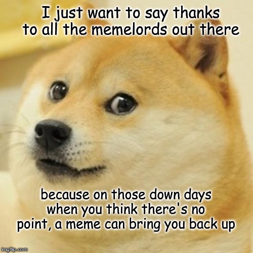Thanks imgflip!!!! | I just want to say thanks to all the memelords out there; because on those down days when you think there's no point, a meme can bring you back up | image tagged in memes,doge | made w/ Imgflip meme maker