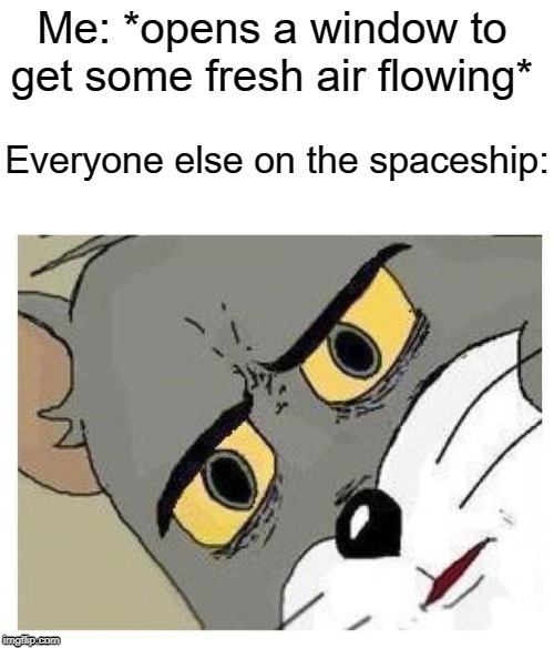Unsettled Tom | Me: *opens a window to get some fresh air flowing*; Everyone else on the spaceship: | image tagged in unsettled tom,memes | made w/ Imgflip meme maker