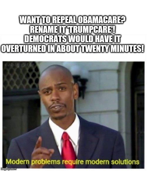 modern problems | WANT TO REPEAL OBAMACARE? RENAME IT 'TRUMPCARE'! DEMOCRATS WOULD HAVE IT OVERTURNED IN ABOUT TWENTY MINUTES! | image tagged in modern problems,memes,obamacare,trump derangement syndrome,trump 2020 | made w/ Imgflip meme maker
