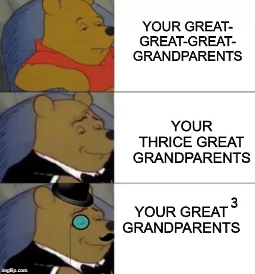 Fancy pooh | YOUR GREAT-
GREAT-GREAT-
GRANDPARENTS; YOUR THRICE GREAT GRANDPARENTS; 3; YOUR GREAT GRANDPARENTS | image tagged in fancy pooh | made w/ Imgflip meme maker
