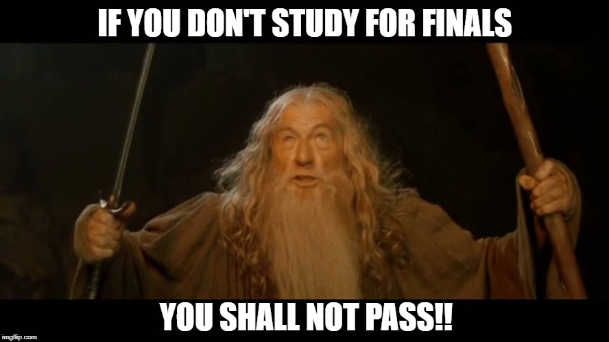 Gandalf - you shall not pass | IF YOU DON'T STUDY FOR FINALS; YOU SHALL NOT PASS!! | image tagged in gandalf - you shall not pass | made w/ Imgflip meme maker