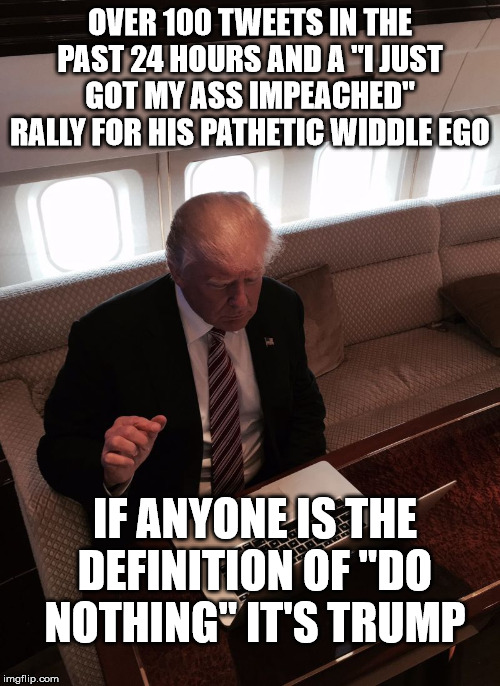 Donald trump typing | OVER 100 TWEETS IN THE PAST 24 HOURS AND A "I JUST GOT MY ASS IMPEACHED" RALLY FOR HIS PATHETIC WIDDLE EGO; IF ANYONE IS THE DEFINITION OF "DO NOTHING" IT'S TRUMP | image tagged in donald trump typing | made w/ Imgflip meme maker