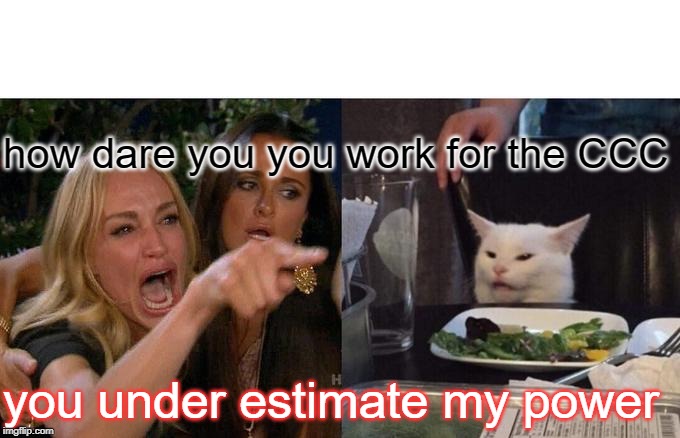 Woman Yelling At Cat Meme | how dare you you work for the CCC; you under estimate my power | image tagged in memes,woman yelling at cat | made w/ Imgflip meme maker