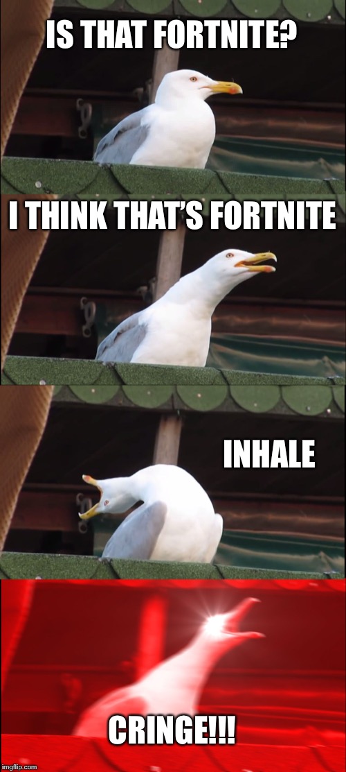 Inhaling Seagull | IS THAT FORTNITE? I THINK THAT’S FORTNITE; INHALE; CRINGE!!! | image tagged in memes,inhaling seagull | made w/ Imgflip meme maker