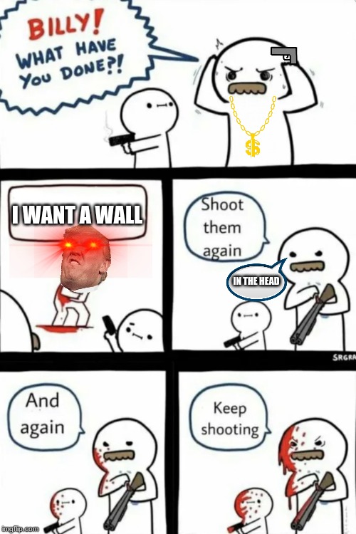 Billy what have you done | I WANT A WALL; IN THE HEAD | image tagged in billy what have you done | made w/ Imgflip meme maker