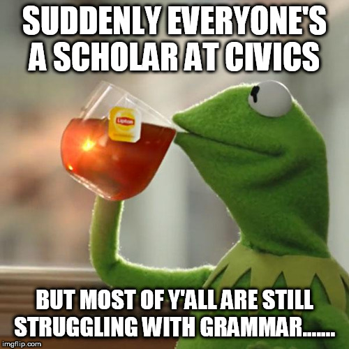 But That's None Of My Business Meme | SUDDENLY EVERYONE'S A SCHOLAR AT CIVICS; BUT MOST OF Y'ALL ARE STILL STRUGGLING WITH GRAMMAR....... | image tagged in memes,but thats none of my business,kermit the frog | made w/ Imgflip meme maker