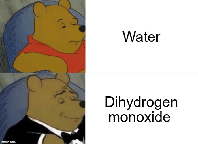 Tuxedo Winnie The Pooh Meme | Water; Dihydrogen monoxide | image tagged in memes,tuxedo winnie the pooh | made w/ Imgflip meme maker