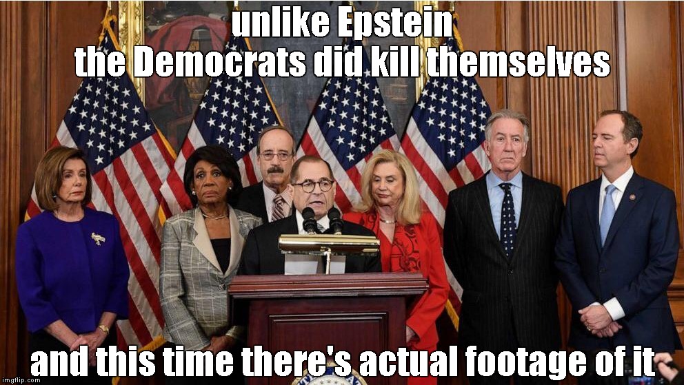 Unlike Epstein | unlike Epstein
the Democrats did kill themselves; and this time there's actual footage of it | image tagged in memes,democrats,impeachment | made w/ Imgflip meme maker