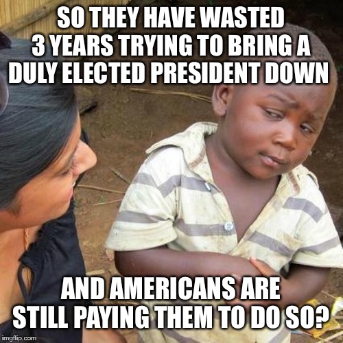 Third World Skeptical Kid Meme | SO THEY HAVE WASTED 3 YEARS TRYING TO BRING A DULY ELECTED PRESIDENT DOWN AND AMERICANS ARE STILL PAYING THEM TO DO SO? | image tagged in memes,third world skeptical kid | made w/ Imgflip meme maker