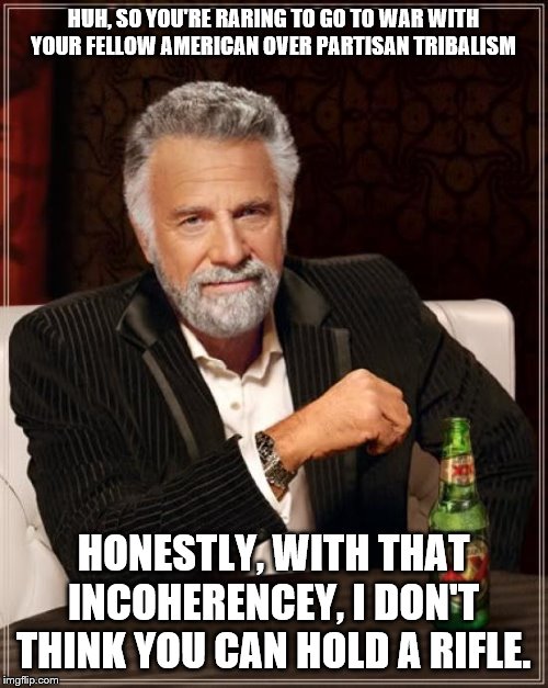 The Most Interesting Man In The World Meme | HUH, SO YOU'RE RARING TO GO TO WAR WITH YOUR FELLOW AMERICAN OVER PARTISAN TRIBALISM HONESTLY, WITH THAT INCOHERENCEY, I DON'T THINK YOU CAN | image tagged in memes,the most interesting man in the world | made w/ Imgflip meme maker
