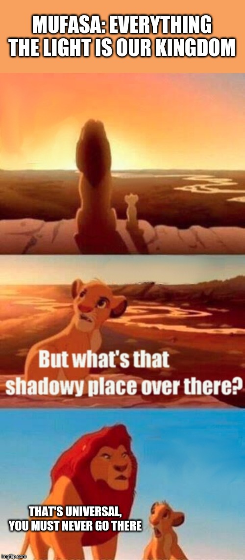 Simba Shadowy Place | MUFASA: EVERYTHING THE LIGHT IS OUR KINGDOM; THAT'S UNIVERSAL, YOU MUST NEVER GO THERE | image tagged in memes,simba shadowy place | made w/ Imgflip meme maker