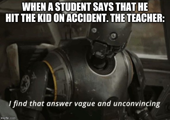 I find that answer vague and unconvincing | WHEN A STUDENT SAYS THAT HE HIT THE KID ON ACCIDENT. THE TEACHER: | image tagged in i find that answer vague and unconvincing | made w/ Imgflip meme maker