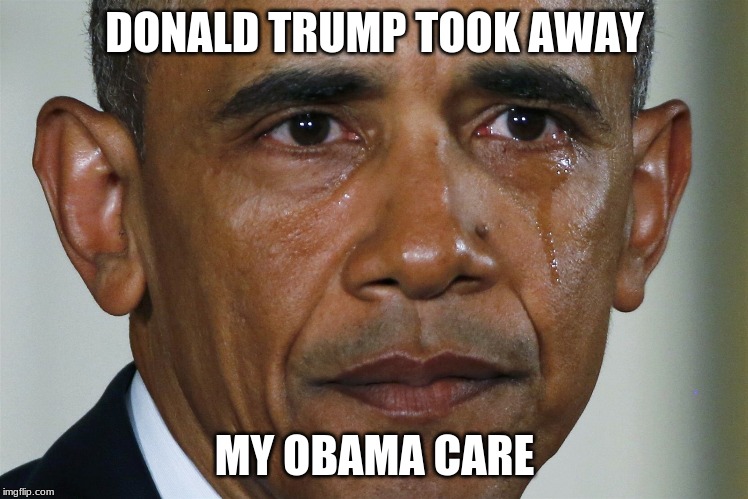 obama crying | DONALD TRUMP TOOK AWAY; MY OBAMA CARE | image tagged in obama crying | made w/ Imgflip meme maker