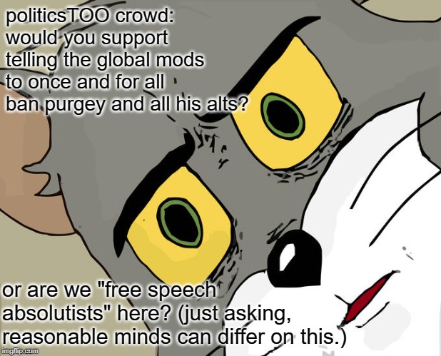 Time to ban purgey? | politicsTOO crowd: 
would you support telling the global mods to once and for all ban purgey and all his alts? or are we "free speech absolutists" here? (just asking, reasonable minds can differ on this.) | image tagged in memes,unsettled tom,we don't do that here,politics,neo-nazis,nazi | made w/ Imgflip meme maker