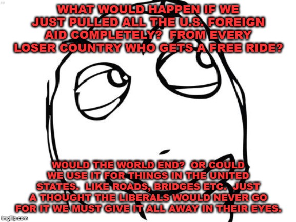 Question Rage Face | WHAT WOULD HAPPEN IF WE JUST PULLED ALL THE U.S. FOREIGN AID COMPLETELY?  FROM EVERY LOSER COUNTRY WHO GETS A FREE RIDE? WOULD THE WORLD END?  OR COULD WE USE IT FOR THINGS IN THE UNITED STATES.  LIKE ROADS, BRIDGES ETC.  JUST A THOUGHT THE LIBERALS WOULD NEVER GO FOR IT WE MUST GIVE IT ALL AWAY IN THEIR EYES. | image tagged in memes,question rage face | made w/ Imgflip meme maker