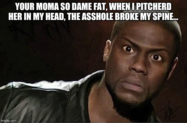 Kevin Hart Meme | YOUR MOMA SO DAME FAT, WHEN I PITCHERD HER IN MY HEAD, THE ASSHOLE BROKE MY SPINE... | image tagged in memes,kevin hart | made w/ Imgflip meme maker