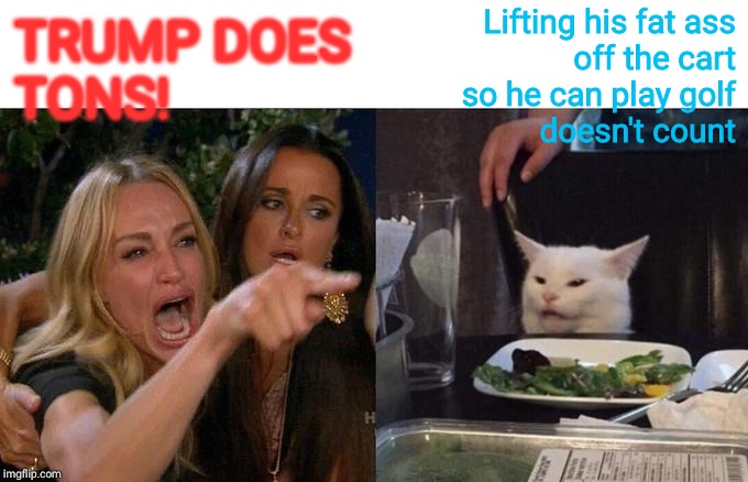 Woman Yelling At Cat Meme | TRUMP DOES TONS! Lifting his fat ass            off the cart         so he can play golf
              doesn't count | image tagged in memes,woman yelling at cat | made w/ Imgflip meme maker
