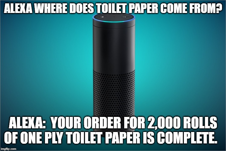 Amazon is genius.  The marketing is complete. | ALEXA WHERE DOES TOILET PAPER COME FROM? ALEXA:  YOUR ORDER FOR 2,000 ROLLS OF ONE PLY TOILET PAPER IS COMPLETE. | image tagged in amazon echo | made w/ Imgflip meme maker