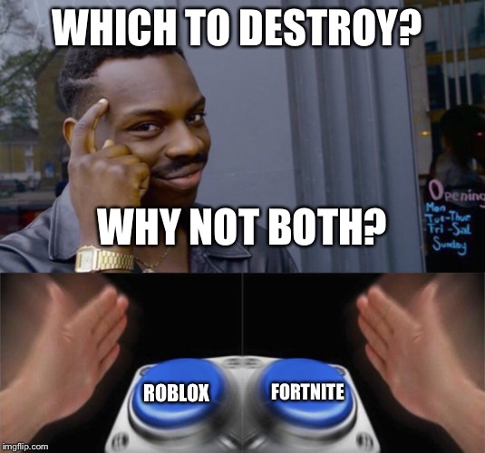 WHICH TO DESTROY? ROBLOX WHY NOT BOTH? FORTNITE | image tagged in memes,roll safe think about it,blank nut button | made w/ Imgflip meme maker