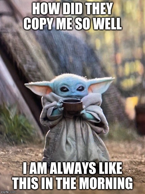 baby yoda | HOW DID THEY COPY ME SO WELL; I AM ALWAYS LIKE THIS IN THE MORNING | image tagged in baby yoda tea | made w/ Imgflip meme maker