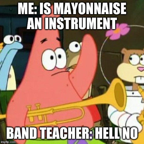 No Patrick | ME: IS MAYONNAISE AN INSTRUMENT; BAND TEACHER: HELL NO | image tagged in memes,no patrick | made w/ Imgflip meme maker