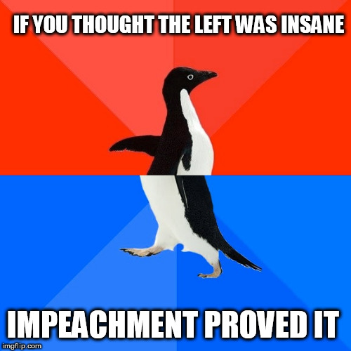 Socially Awesome Awkward Penguin | IF YOU THOUGHT THE LEFT WAS INSANE; IMPEACHMENT PROVED IT | image tagged in memes,socially awesome awkward penguin | made w/ Imgflip meme maker