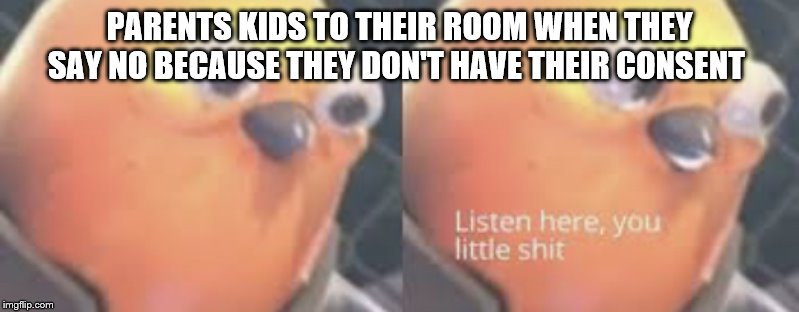 Listen here you little shit bird | PARENTS KIDS TO THEIR ROOM WHEN THEY SAY NO BECAUSE THEY DON'T HAVE THEIR CONSENT | image tagged in listen here you little shit bird | made w/ Imgflip meme maker