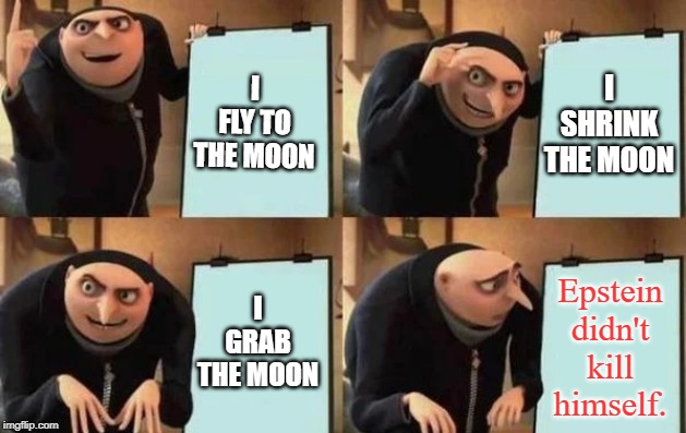 Gru's Plan Meme | I FLY TO THE MOON; I SHRINK THE MOON; I GRAB THE MOON; Epstein didn't kill himself. | image tagged in gru's plan | made w/ Imgflip meme maker