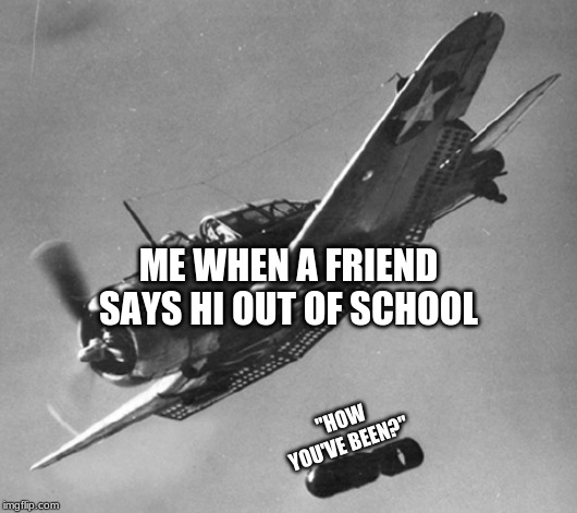 dive bomber | ME WHEN A FRIEND SAYS HI OUT OF SCHOOL; "HOW YOU'VE BEEN?" | image tagged in dive bomber | made w/ Imgflip meme maker