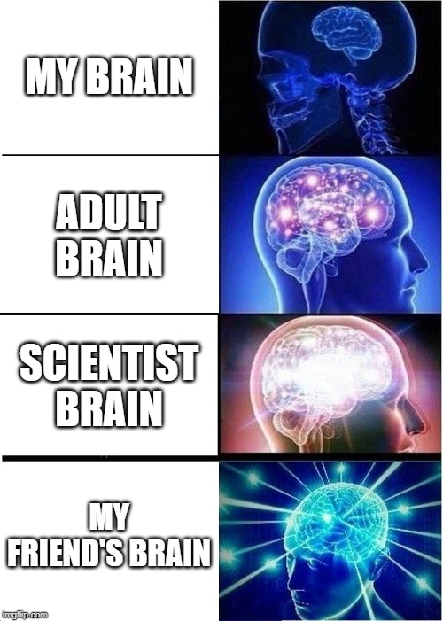 Expanding Brain | MY BRAIN; ADULT BRAIN; SCIENTIST BRAIN; MY FRIEND'S BRAIN | image tagged in memes,expanding brain | made w/ Imgflip meme maker