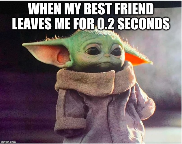 Sad Baby Yoda | WHEN MY BEST FRIEND LEAVES ME FOR 0.2 SECONDS | image tagged in sad baby yoda | made w/ Imgflip meme maker