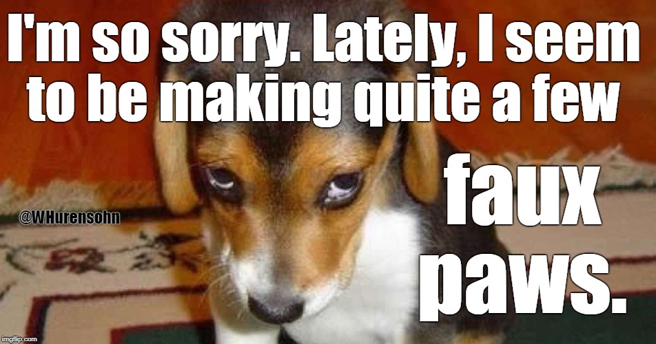 Mille pardons. | I'm so sorry. Lately, I seem
 to be making quite a few; faux paws. @WHurensohn | image tagged in dog,sorry,faux paws,whurensohn | made w/ Imgflip meme maker