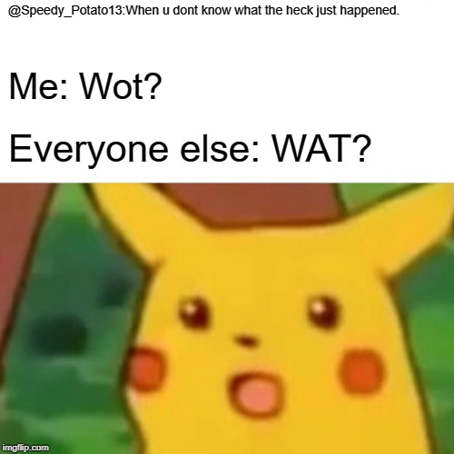 Surprised Pikachu | @Speedy_Potato13:When u dont know what the heck just happened. Me: Wot? Everyone else: WAT? | image tagged in memes,surprised pikachu | made w/ Imgflip meme maker