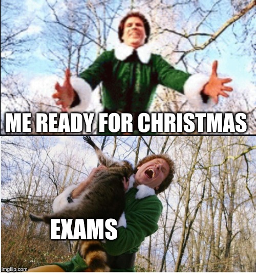 Exams b like | ME READY FOR CHRISTMAS; EXAMS | image tagged in buddy the elf,exams,christmas | made w/ Imgflip meme maker