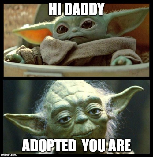 baby yoda | HI DADDY; ADOPTED  YOU ARE | image tagged in baby yoda | made w/ Imgflip meme maker