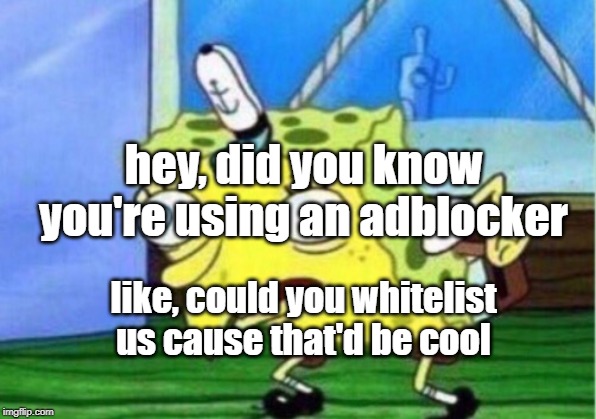 no. | hey, did you know you're using an adblocker; like, could you whitelist us cause that'd be cool | image tagged in memes,mocking spongebob,funny | made w/ Imgflip meme maker