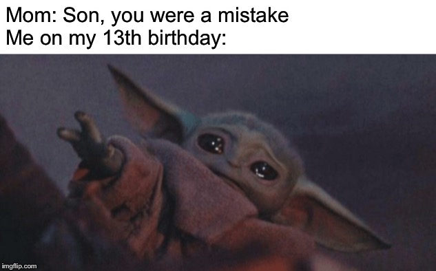 Truth | Mom: Son, you were a mistake
Me on my 13th birthday: | image tagged in baby yoda cry,memes | made w/ Imgflip meme maker