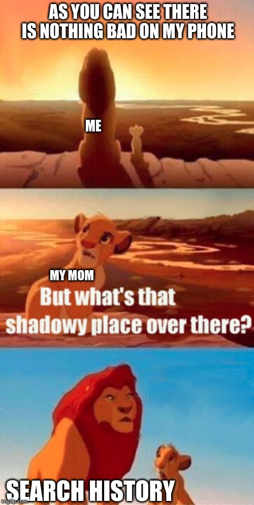 Simba Shadowy Place | AS YOU CAN SEE THERE IS NOTHING BAD ON MY PHONE; ME; MY MOM; SEARCH HISTORY | image tagged in memes,simba shadowy place | made w/ Imgflip meme maker