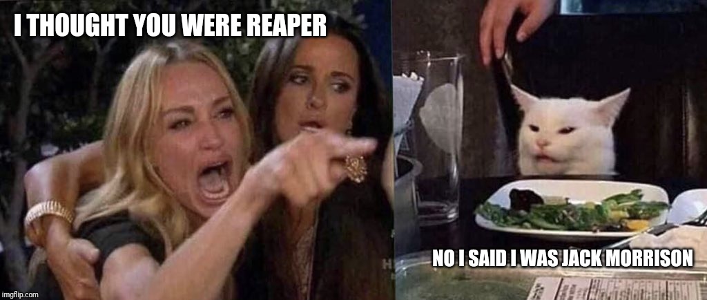 woman yelling at cat | I THOUGHT YOU WERE REAPER; NO I SAID I WAS JACK MORRISON | image tagged in woman yelling at cat | made w/ Imgflip meme maker