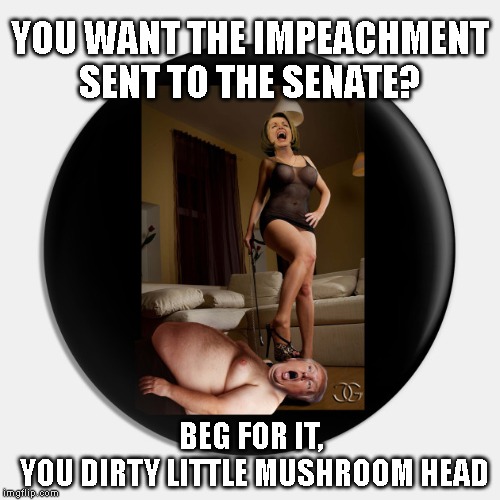 Trump Has No Chance Against A Strong Woman | YOU WANT THE IMPEACHMENT SENT TO THE SENATE? BEG FOR IT,
 YOU DIRTY LITTLE MUSHROOM HEAD | image tagged in trump impeachment,dominatrix,mushroom head,donald trump is an idiot,pelosi | made w/ Imgflip meme maker