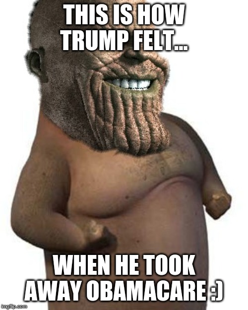 Thanos moto moto | THIS IS HOW TRUMP FELT... WHEN HE TOOK AWAY OBAMACARE :) | image tagged in thanos moto moto | made w/ Imgflip meme maker