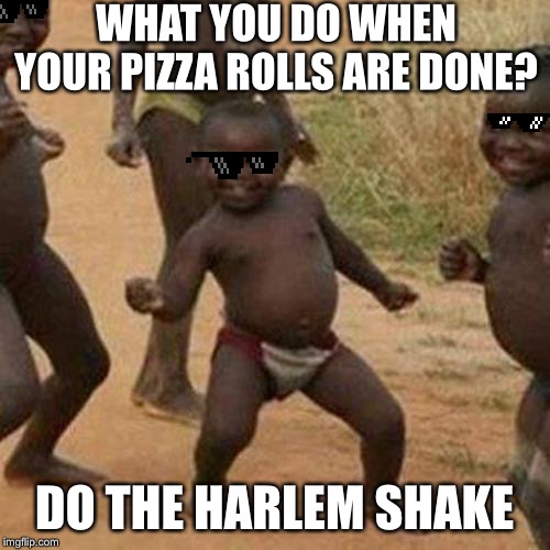 Third World Success Kid Meme | WHAT YOU DO WHEN YOUR PIZZA ROLLS ARE DONE? DO THE HARLEM SHAKE | image tagged in memes,third world success kid | made w/ Imgflip meme maker