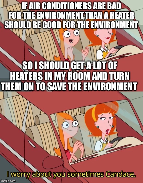 True | IF AIR CONDITIONERS ARE BAD FOR THE ENVIRONMENT,THAN A HEATER SHOULD BE GOOD FOR THE ENVIRONMENT; SO I SHOULD GET A LOT OF HEATERS IN MY ROOM AND TURN THEM ON TO SAVE THE ENVIRONMENT | image tagged in i worry about you sometimes candace,meme,heater,air conditioner | made w/ Imgflip meme maker
