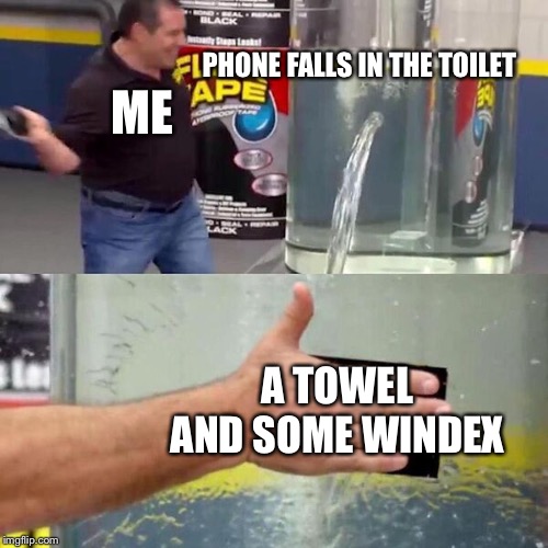Phil Swift Slapping on Flex Tape | PHONE FALLS IN THE TOILET; ME; A TOWEL AND SOME WINDEX | image tagged in phil swift slapping on flex tape | made w/ Imgflip meme maker