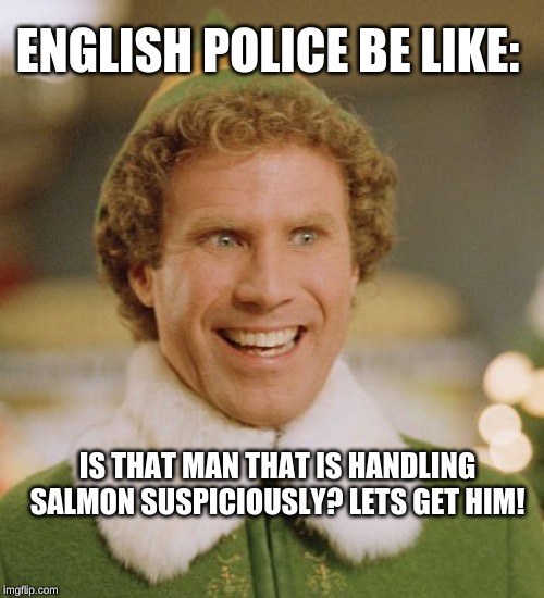 Buddy The Elf Meme | ENGLISH POLICE BE LIKE:; IS THAT MAN THAT IS HANDLING SALMON SUSPICIOUSLY? LETS GET HIM! | image tagged in memes,buddy the elf | made w/ Imgflip meme maker