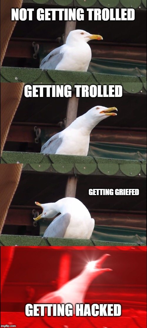 Inhaling Seagull | NOT GETTING TROLLED; GETTING TROLLED; GETTING GRIEFED; GETTING HACKED | image tagged in memes,inhaling seagull | made w/ Imgflip meme maker