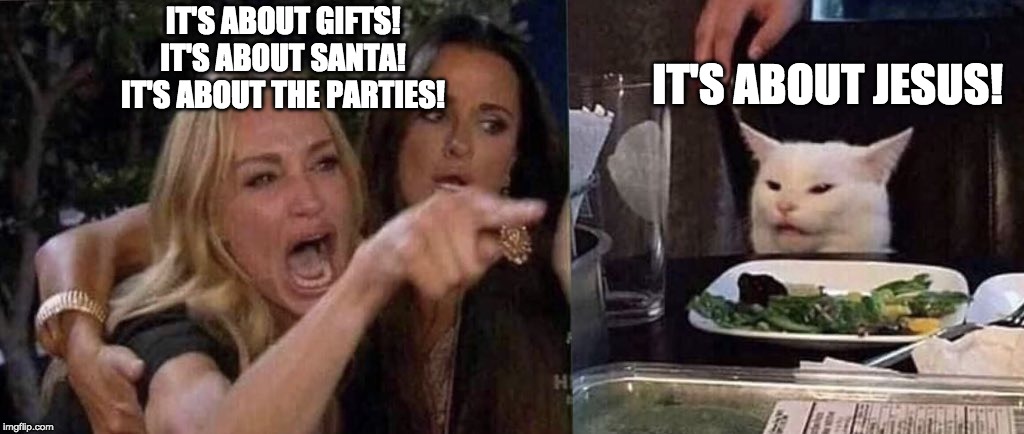 CAT WITH JESUS | IT'S ABOUT JESUS! IT'S ABOUT GIFTS!
IT'S ABOUT SANTA!
IT'S ABOUT THE PARTIES! | image tagged in woman yelling at cat | made w/ Imgflip meme maker