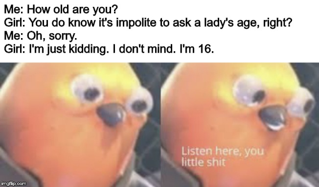 Listen here you little shit bird | Me: How old are you?
Girl: You do know it's impolite to ask a lady's age, right?
Me: Oh, sorry.
Girl: I'm just kidding. I don't mind. I'm 16. | image tagged in listen here you little shit bird | made w/ Imgflip meme maker