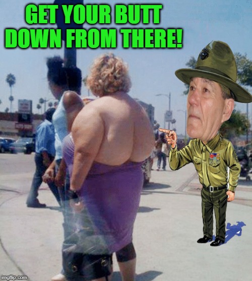 get your butt down from there | GET YOUR BUTT DOWN FROM THERE! | image tagged in kewlew,butt down | made w/ Imgflip meme maker